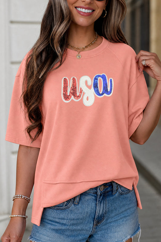 USA Sequin Graphic Oversized July 4th Tee Top