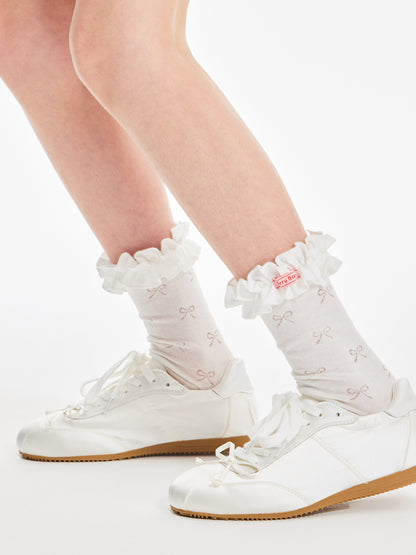 Girls Ruffle Lace Bowknot Socks Breathable Cotton Mid Calf
