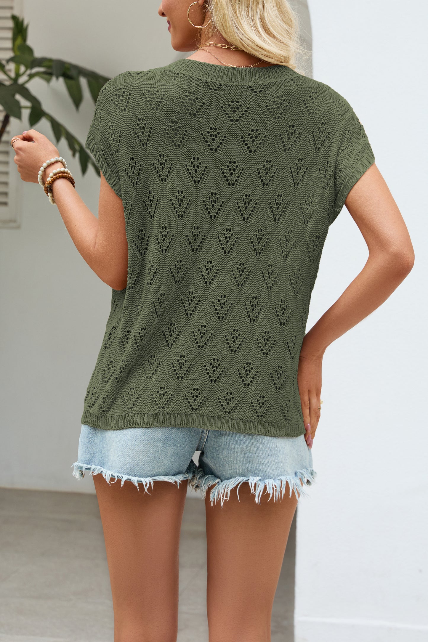 Womens Hollow Knit Top Crew Neck Cap Sleeve Summer Sweater