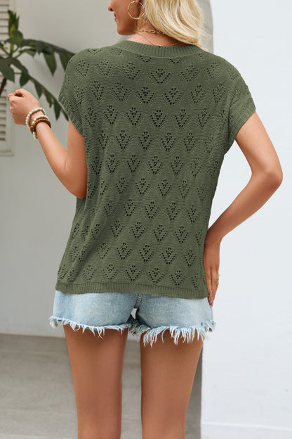 Womens Hollow Knit Top Crew Neck Cap Sleeve Summer Sweater