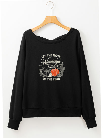 Fall Pumpkin Ghost Graphic Halloween Black Sweatshirt