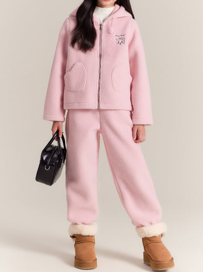 Kids Fleece Coat & Pants Set, Warm Lamb Wool Winter Outfit