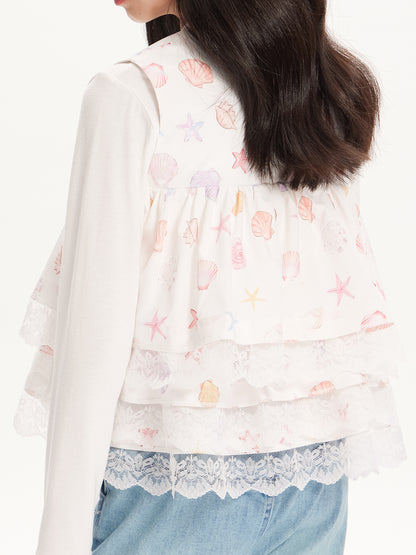 Girls Lace Layered Seashell Print Sleeveless Vest Top