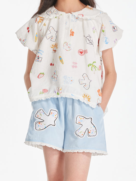 Girls Lace Collar Printed Blouse with Cute Shorts