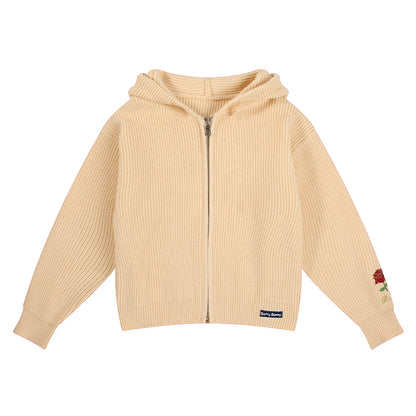 Girls Knit Hoodie with Flower Embroidery