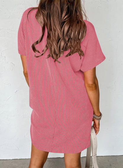 Pink Striped Short Sleeve T-Shirt Dress with Pocket