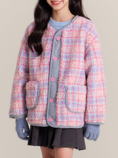Girls Pink Plaid Sherpa Fleece Jacket Warm Winter Coat