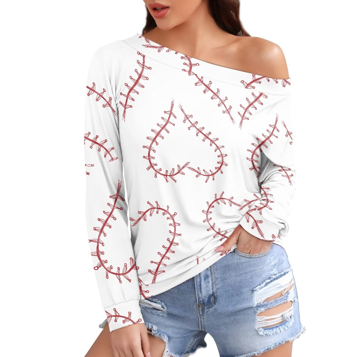 Heart Striped Baseball Long Sleeve Pullover Women's Top