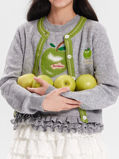 Girls Knit Cardigan Sweater with Apple Embroidery