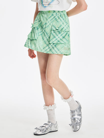 Girls Cargo Pocket Plaid Mini Skirt Green