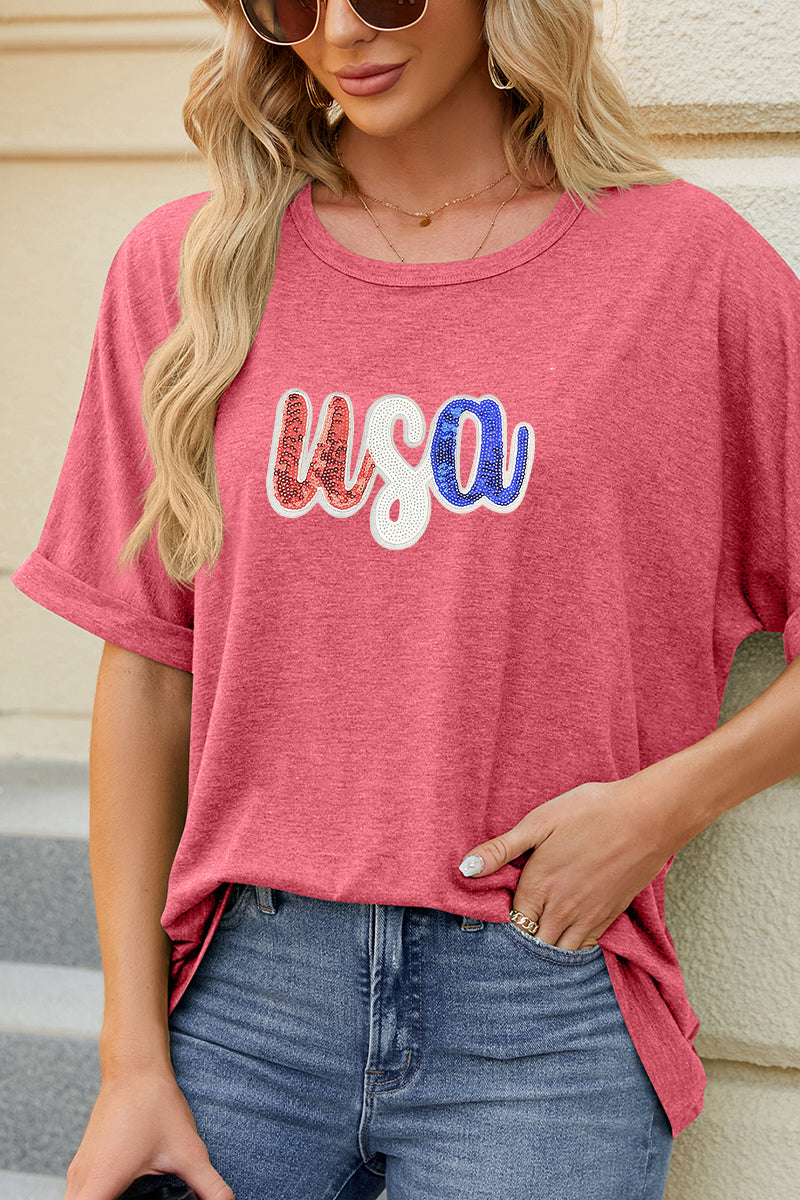 USA Sequin Graphic July 4th Loose Fit Tee Top
