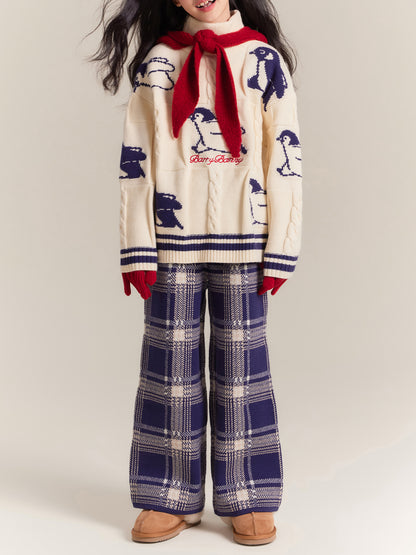 Kids Penguin Knit Sweater & Plaid Trousers Set