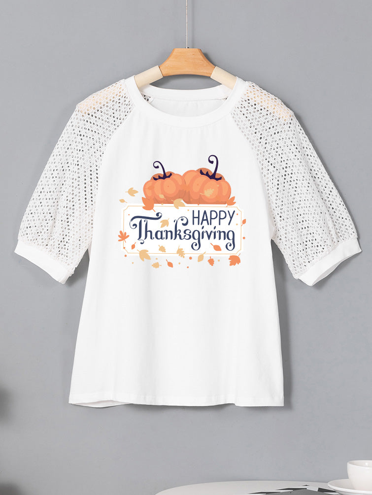 Happy Thanksgiving Pumpkin Leaves Graphic Lace Sleeve Tee