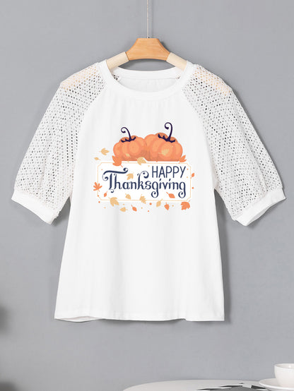 Happy Thanksgiving Pumpkin Leaves Graphic Lace Sleeve Tee