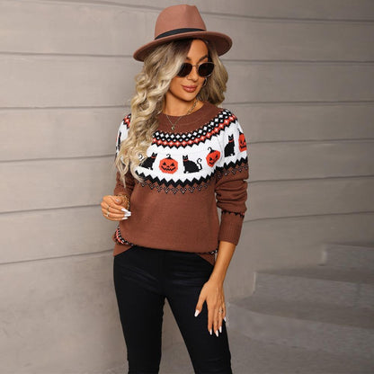 Halloween Black Cat & Pumpkin Knit Sweater for Women