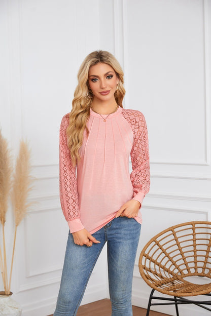 Lace Sleeve Pleated Blouse - Round Neck Long Sleeve Top
