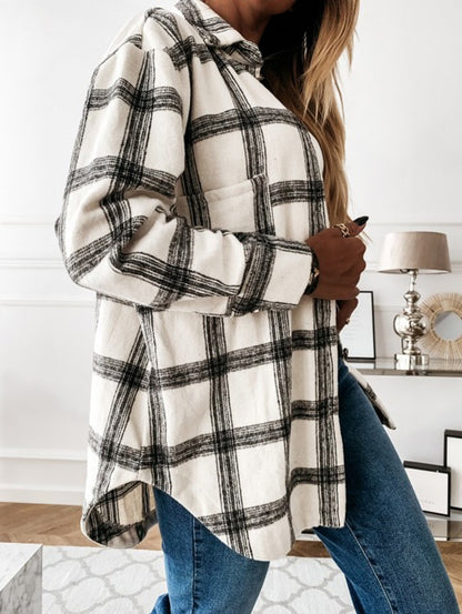 Beige Plaid Oversized Shacket Wool Blend Button Down Jacket