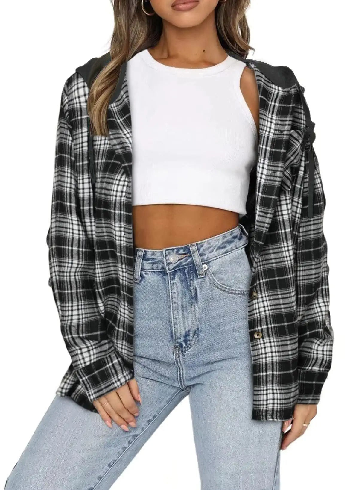 Hooded Plaid Button-Up Jacket - Casual Oversized Shacket