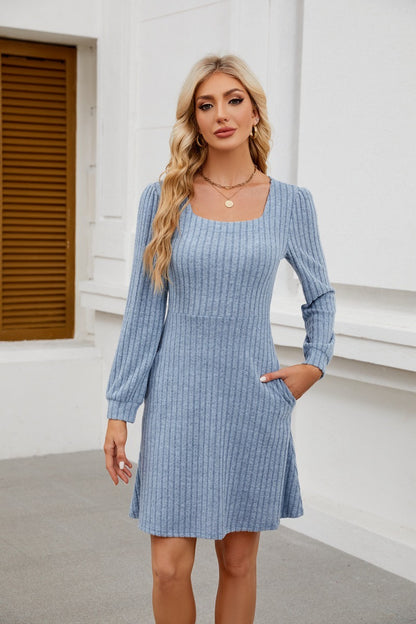 Square Neck Ribbed Knit Dress with Pockets