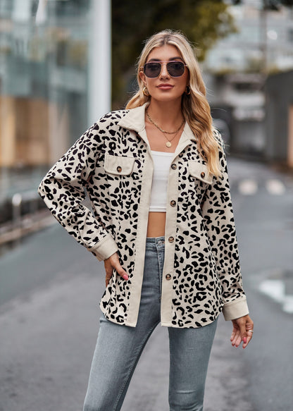 Leopard Print Corduroy Button Down Oversized Shirt Jacket