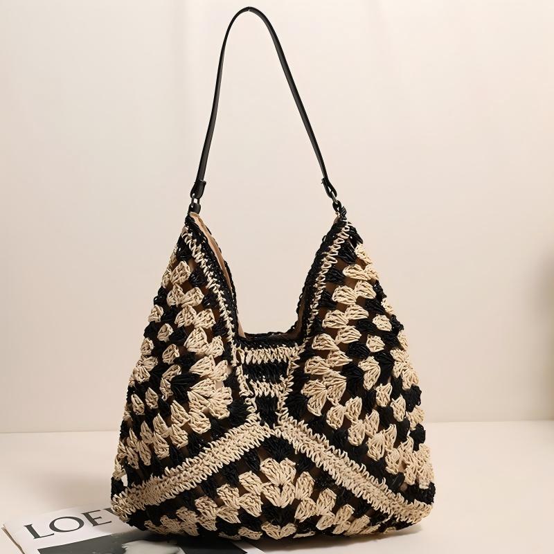 Crochet Straw Shoulder Bag Boho Beach Tote for Women
