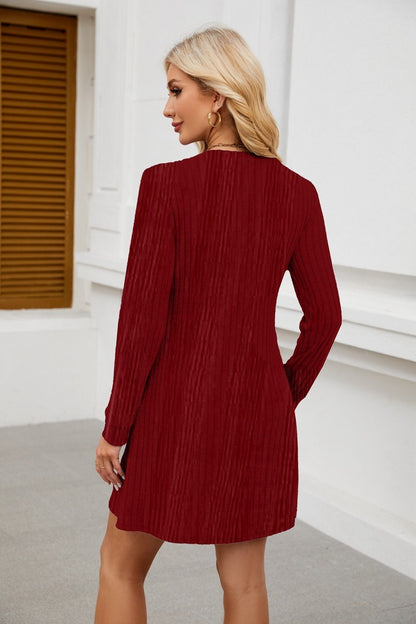 V Neck Ribbed Knit Dress - Brushed Long Sleeve Mini