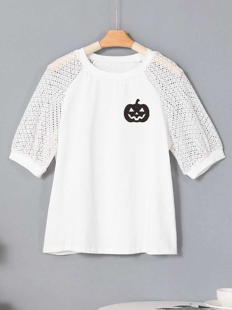 Pumpkin Graphic Halloween Tee with Crochet Lace Sleeves