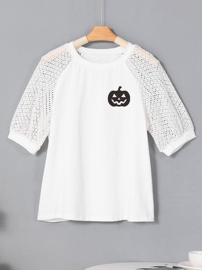 Pumpkin Graphic Halloween Tee with Crochet Lace Sleeves