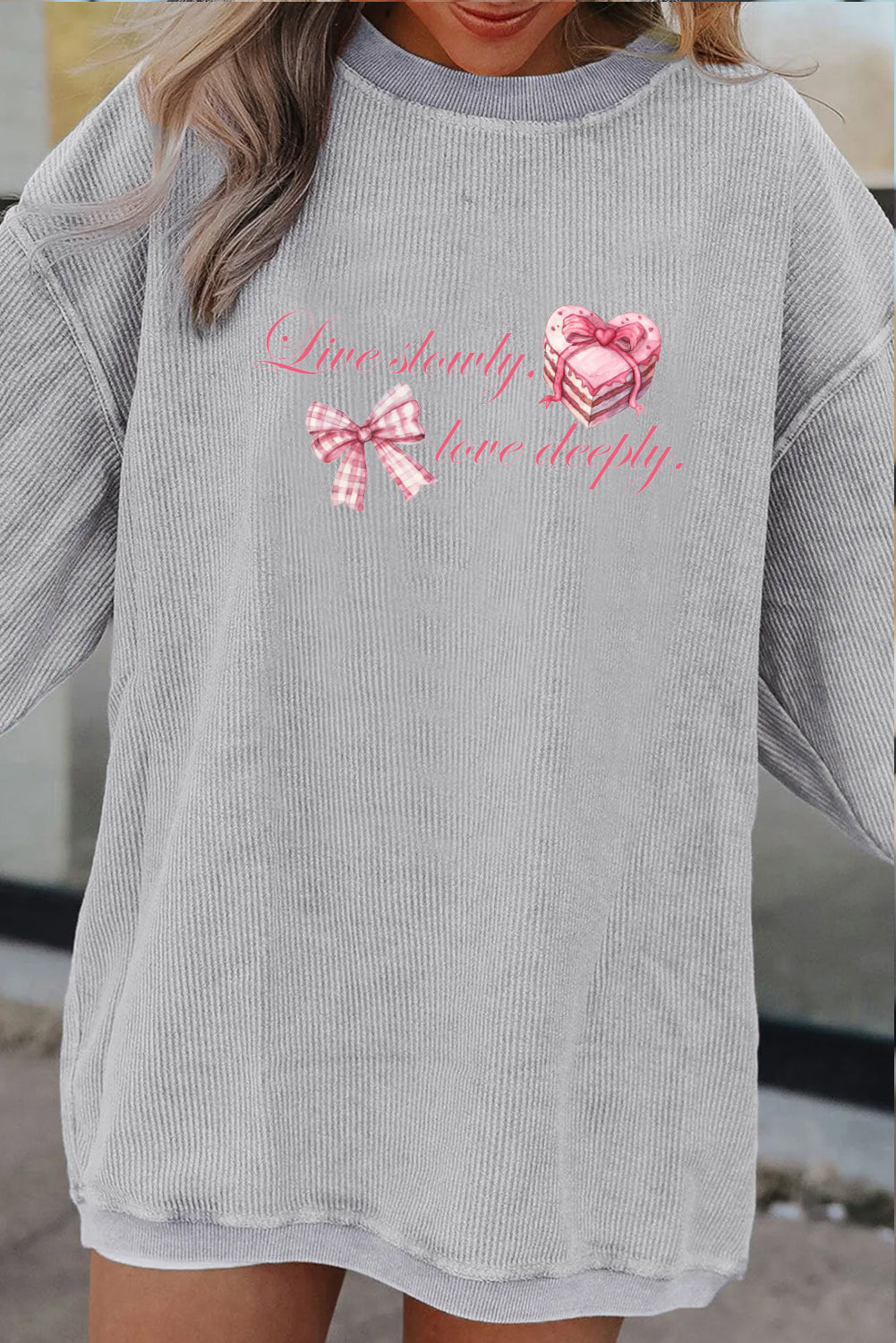 Valentine Bow Heart Corduroy Ribbed Oversized Sweatshirt