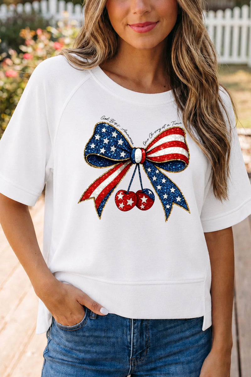 4th of July Bow Cherry Graphic Oversized Tee Top