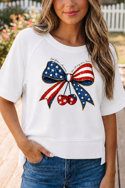 4th of July Bow Cherry Graphic Oversized Tee Top