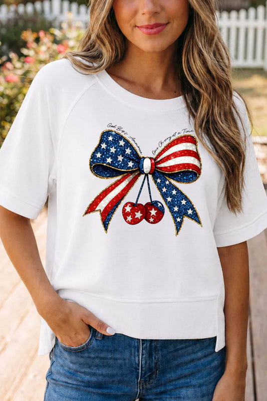4th of July Bow Cherry Graphic Oversized Tee Top