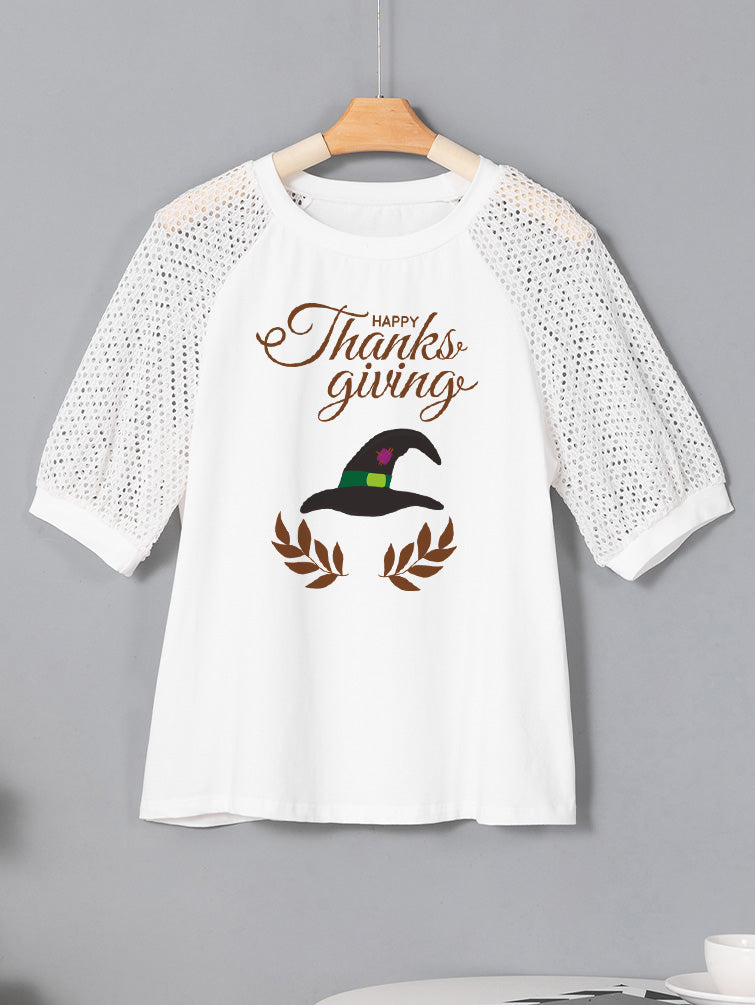 Thanksgiving Witch Hat Graphic Lace Sleeve Tee