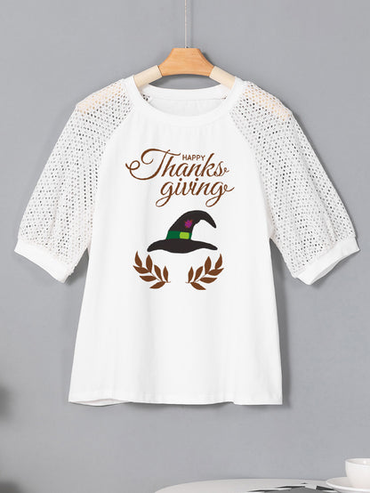 Thanksgiving Witch Hat Graphic Lace Sleeve Tee