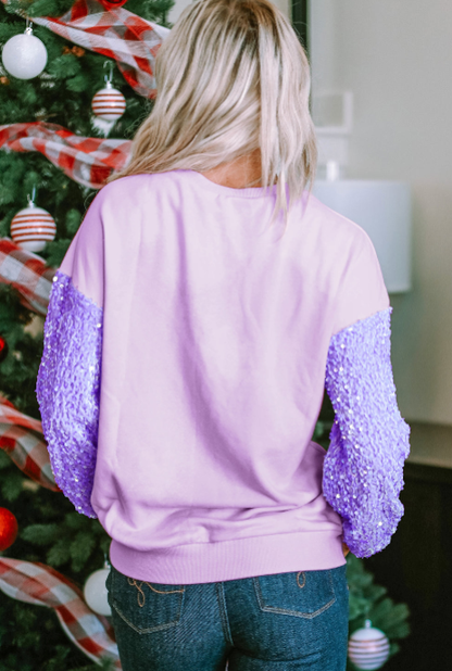 Pink Sequin Patchwork Long Sleeve Pullover Top