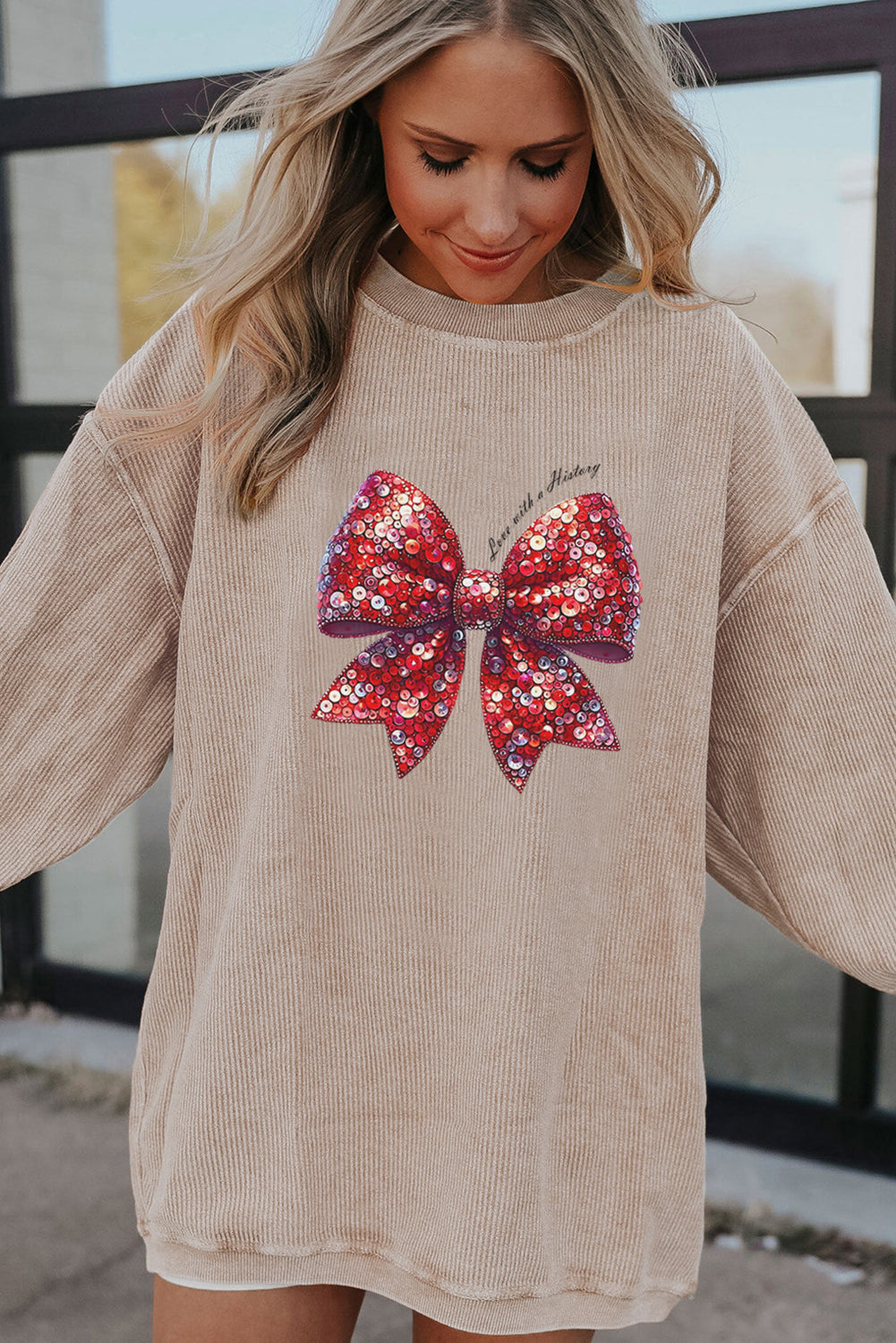 Valentine Sequin Bow Heat Transfer Corduroy Sweatshirt