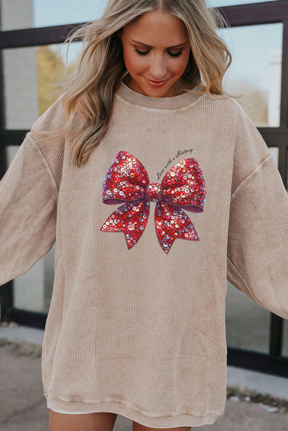 Valentine Sequin Bow Heat Transfer Corduroy Sweatshirt