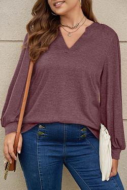 Solid Colour V-Neck Loose Bubble Long Sleeve T-Shirt Top