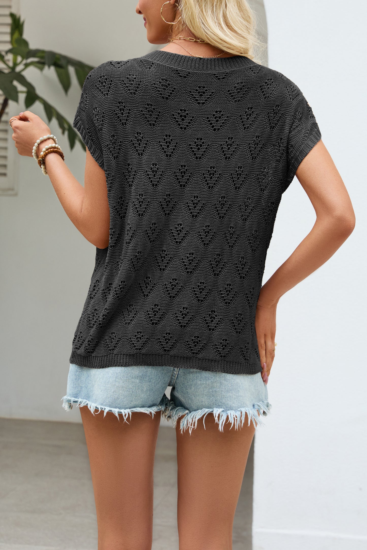 Womens Hollow Knit Top Crew Neck Cap Sleeve Summer Sweater