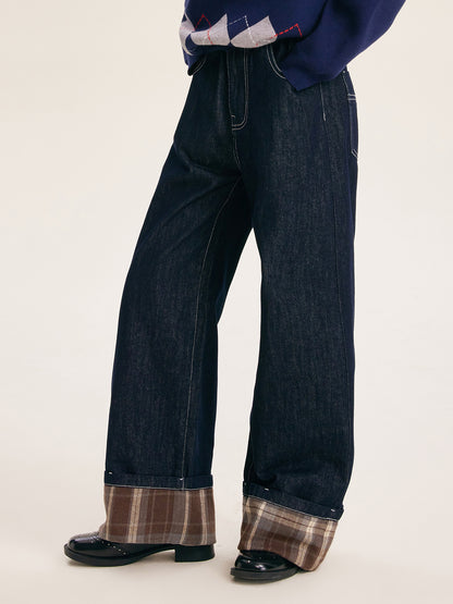 Girls' Fashion Wide Leg Pants Casual Plaid Cuff Jeans