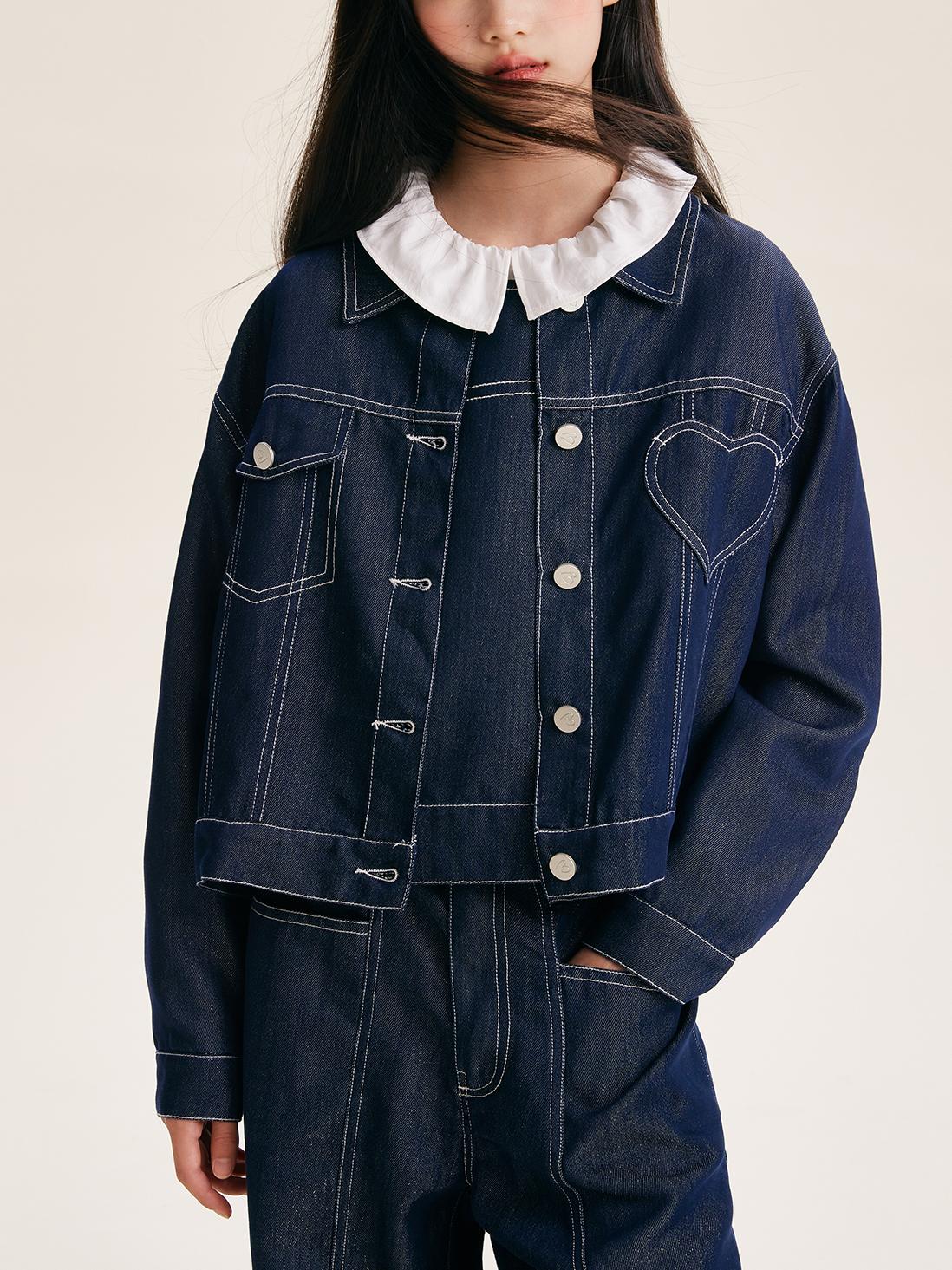 Girls Denim Jacket with Heart Pocket and Button Front