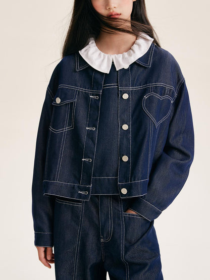 Girls Denim Jacket with Heart Pocket and Button Front