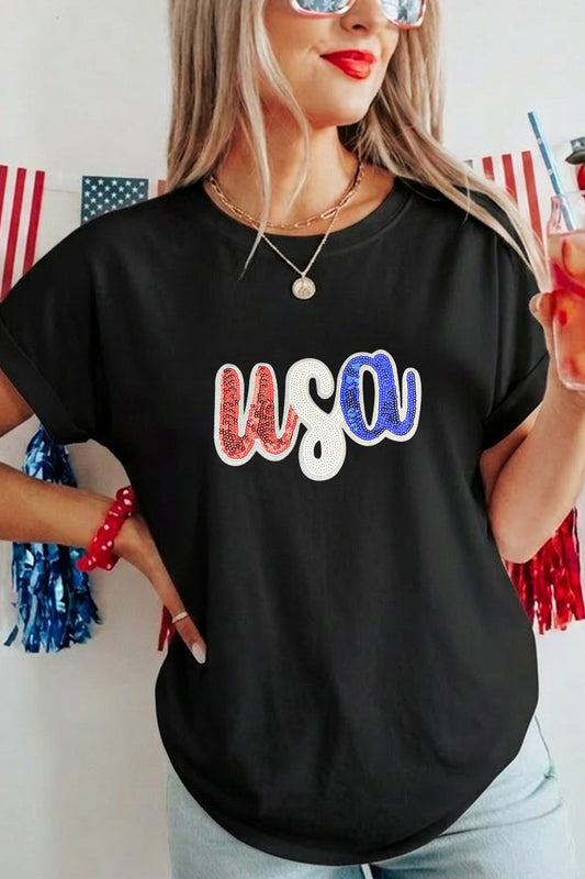 USA Sequin Patch July 4th Patriotic Graphic Tee