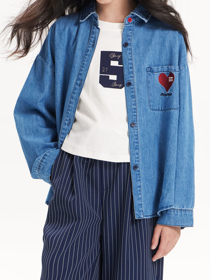 Girls Denim Heart Embroidered Shirt Jacket – Blue Classic
