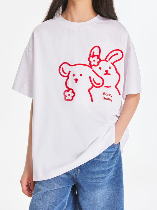 Girls White Cartoon Embroidered Short Sleeve T Shirt