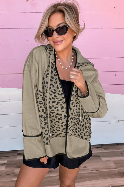 Brown Leopard Star Hooded Patchwork Contrast Piping Open Front Jacket
