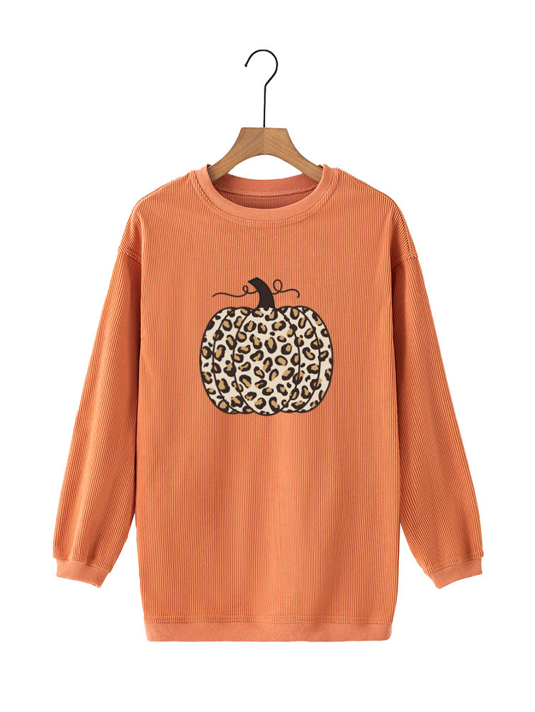 Leopard Pumpkin Graphic Oversized Orange Corded Sweatshirt