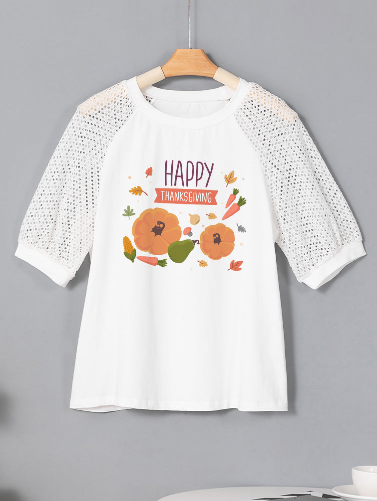 Happy Thanksgiving Veggie Pumpkin Graphic Lace Sleeve Tee