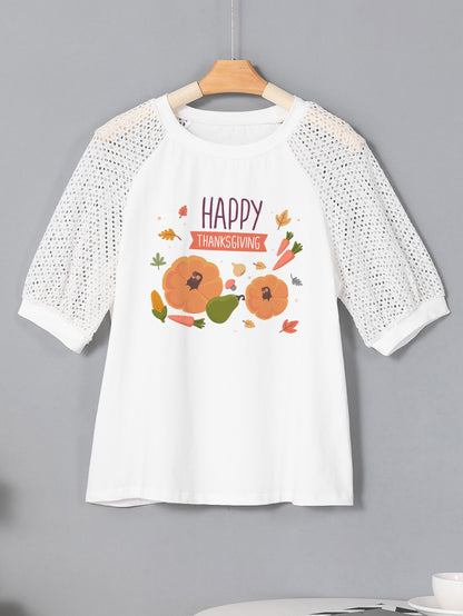 Happy Thanksgiving Veggie Pumpkin Graphic Lace Sleeve Tee