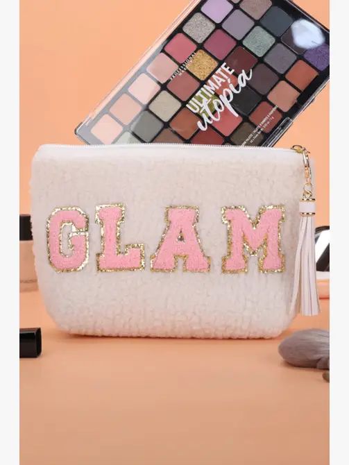 White Sparkle Letter Pattern Tassel Zipper Makeup Bag